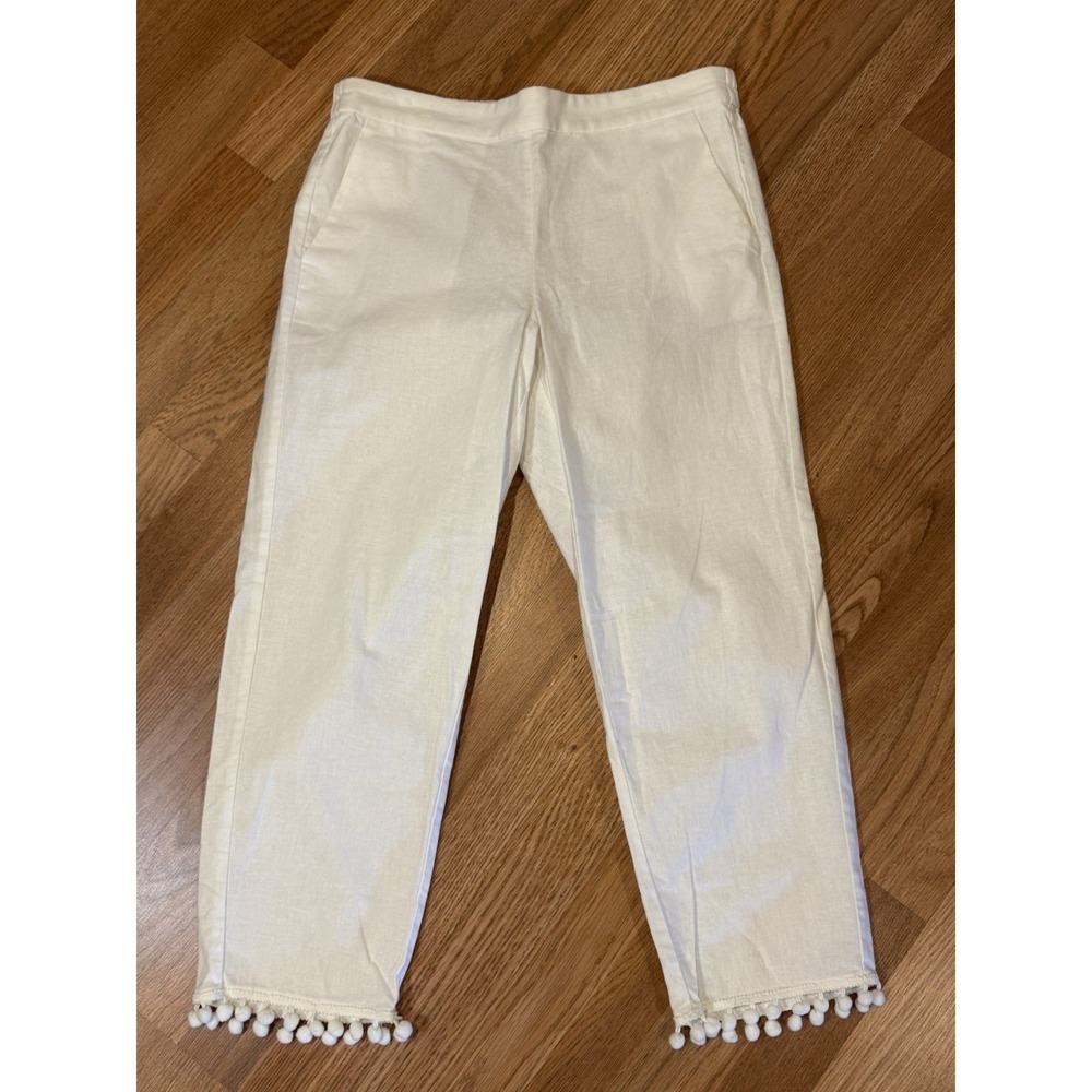 J Crew Linen Cotton Blend White Pom Pom Cropped Pants Pull On Size 10 Beach